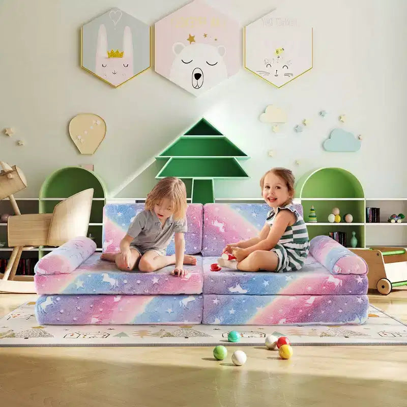 Canapé de jeu modulaire pour enfants 8 pièces avec poignées Housses lavables en machine pour construire des forts Gris/Multicolore