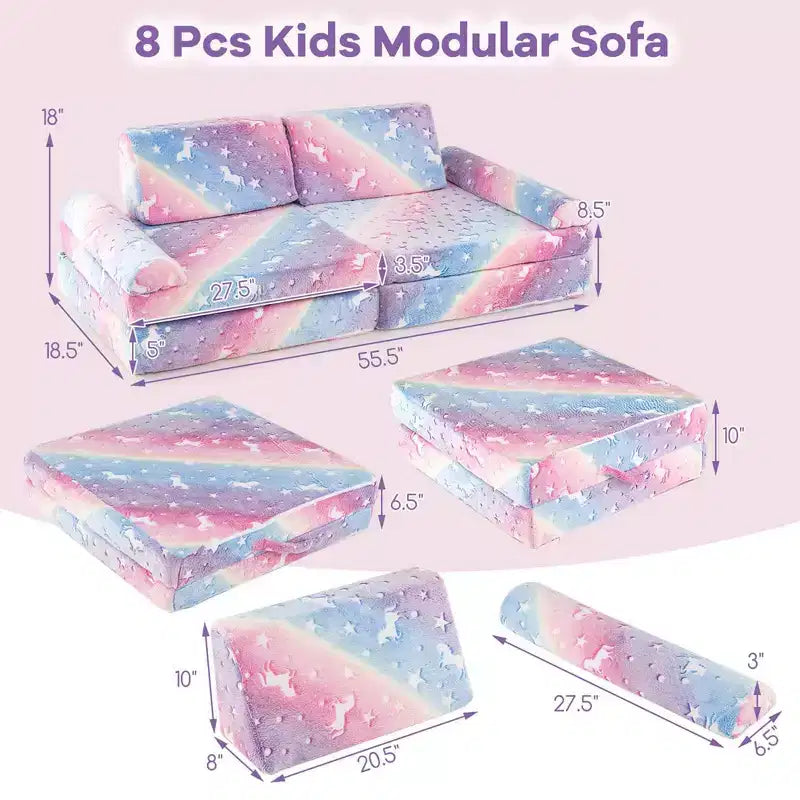 Canapé de jeu modulaire pour enfants 8 pièces avec poignées Housses lavables en machine pour construire des forts Gris/Multicolore