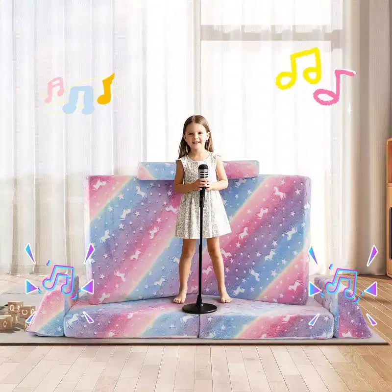Canapé de jeu modulaire pour enfants 8 pièces avec poignées Housses lavables en machine pour construire des forts Gris/Multicolore