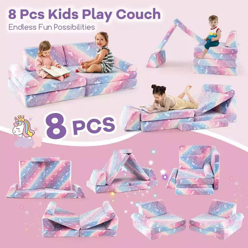 Canapé de jeu modulaire pour enfants 8 pièces avec poignées Housses lavables en machine pour construire des forts Gris/Multicolore
