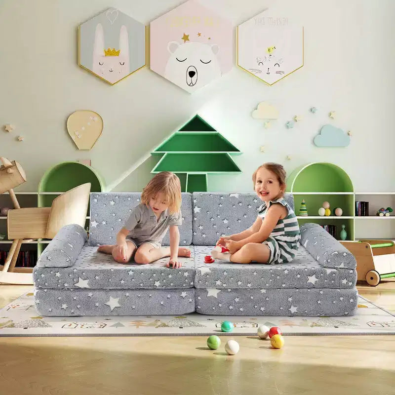 Canapé de jeu modulaire pour enfants 8 pièces avec poignées Housses lavables en machine pour construire des forts Gris/Multicolore