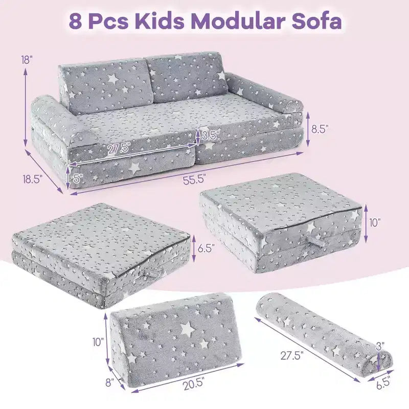 Canapé de jeu modulaire pour enfants 8 pièces avec poignées Housses lavables en machine pour construire des forts Gris/Multicolore