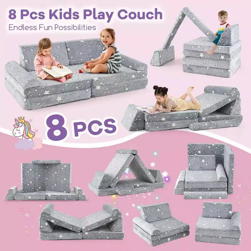 Canapé de jeu modulaire pour enfants 8 pièces avec poignées Housses lavables en machine pour construire des forts Gris/Multicolore