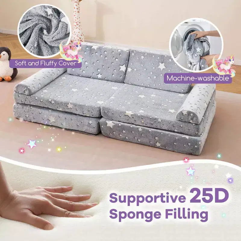 Canapé de jeu modulaire pour enfants 8 pièces avec poignées Housses lavables en machine pour construire des forts Gris/Multicolore