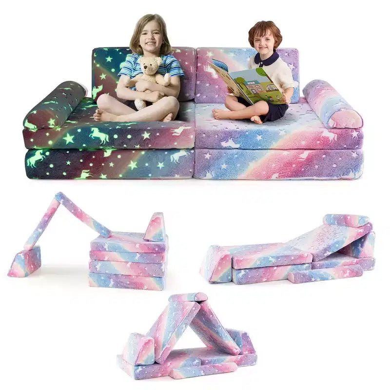 Canapé de jeu modulaire pour enfants 8 pièces avec poignées Housses lavables en machine pour construire des forts Gris/Multicolore