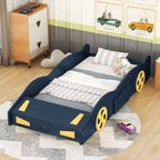Cadre de lit double, lit plateforme en forme de voiture de course avec roulettes et rangement pour chambre à coucher, bleu foncé+jaune