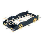 Cadre de lit double, lit plateforme en forme de voiture de course avec roulettes et rangement pour chambre à coucher, bleu foncé+jaune