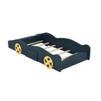 Cadre de lit double, lit plateforme en forme de voiture de course avec roulettes et rangement pour chambre à coucher, bleu foncé+jaune