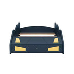 Cadre de lit double, lit plateforme en forme de voiture de course avec roulettes et rangement pour chambre à coucher, bleu foncé+jaune