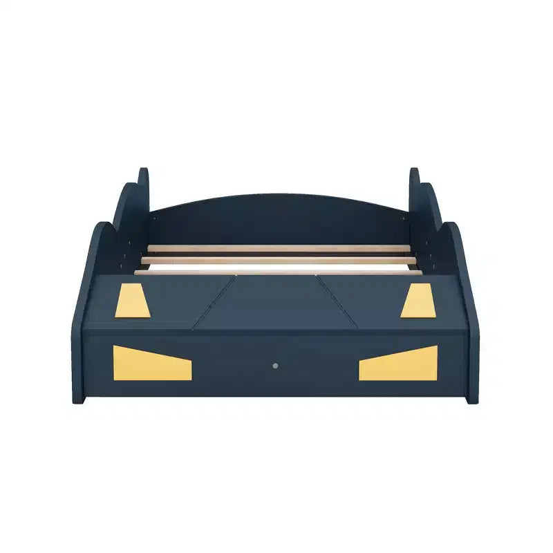Cadre de lit double, lit plateforme en forme de voiture de course avec roulettes et rangement pour chambre à coucher, bleu foncé+jaune