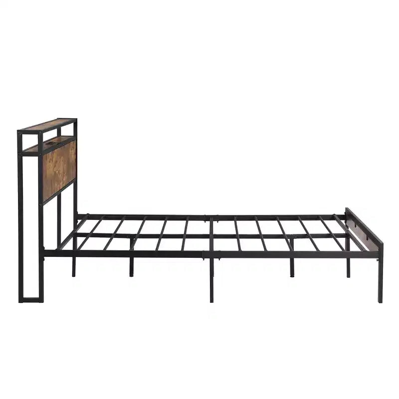 Cadre de lit plateforme en métal pleine grandeur avec tête et pied de lit en bois, cadre de lit moderne avec doublure USB pour chambre à coucher, noir
