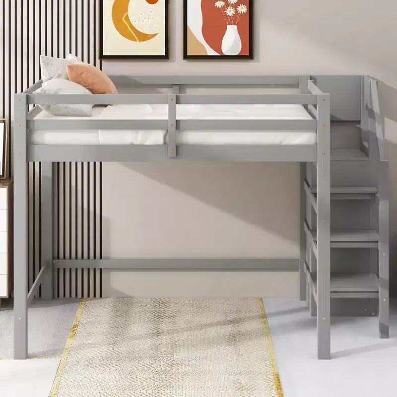 Lit superposé pleine grandeur avec armoire de rangement intégrée Lit mezzanine avec escalier et garde-corps de sécurité en bois massif pour enfants et adolescents, montage facile