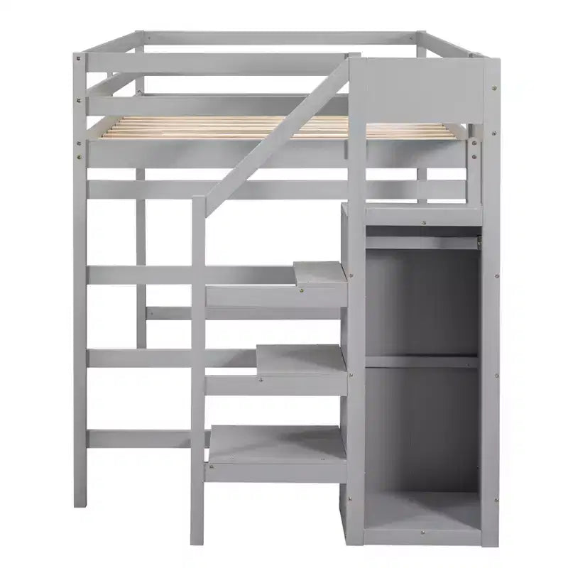 Lit superposé pleine grandeur avec armoire de rangement intégrée Lit mezzanine avec escalier et garde-corps de sécurité en bois massif pour enfants et adolescents, montage facile