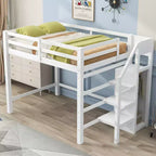 Lit superposé pleine grandeur avec armoire de rangement intégrée Lit mezzanine avec escalier et garde-corps de sécurité en bois massif pour enfants et adolescents, montage facile