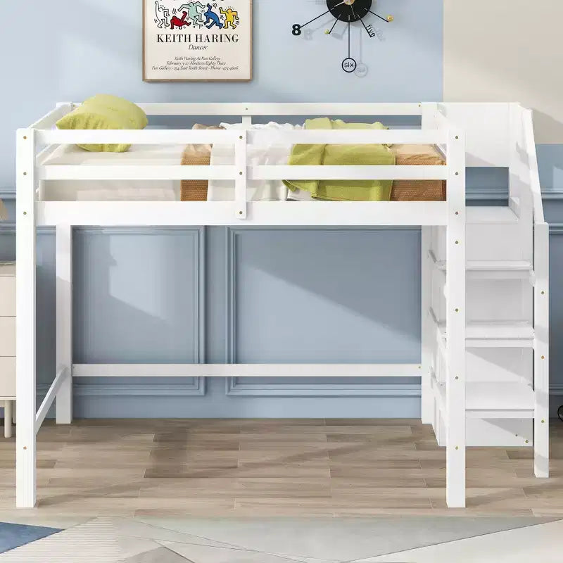 Okak Full Size Bunk Bed with Built-in Storage Wardrobe Loft Bed with Staircase Safety Guardrail Solid Wood for Kids Teens, Easy Assemble