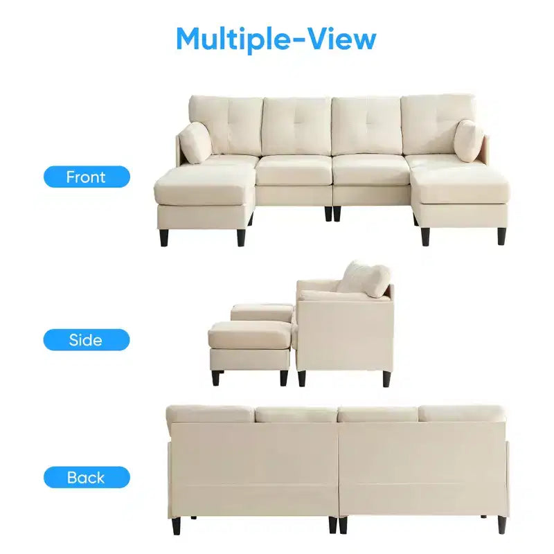 Canapé d'angle modulable et convertible, canapé 4 places rembourré en tissu confortable avec poufs amovibles