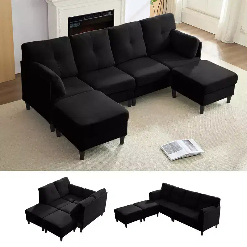 Canapé d'angle modulable et convertible, canapé 4 places rembourré en tissu confortable avec poufs amovibles