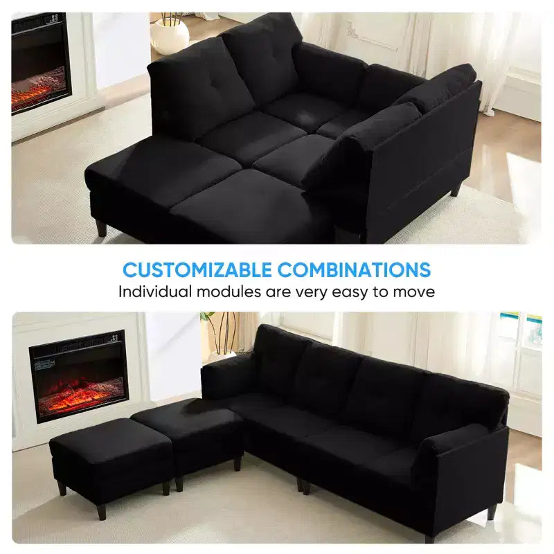 Canapé d'angle modulable et convertible, canapé 4 places rembourré en tissu confortable avec poufs amovibles