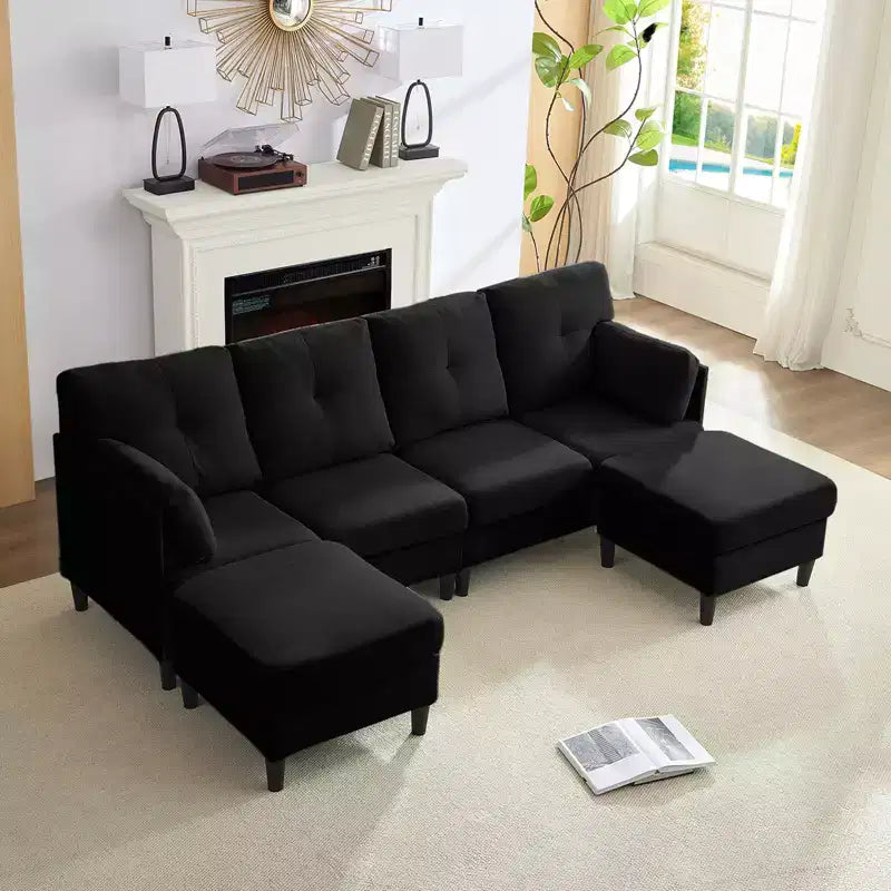 Canapé d'angle modulable et convertible, canapé 4 places rembourré en tissu confortable avec poufs amovibles