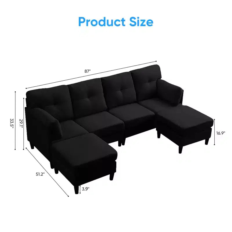 Canapé d'angle modulable et convertible, canapé 4 places rembourré en tissu confortable avec poufs amovibles