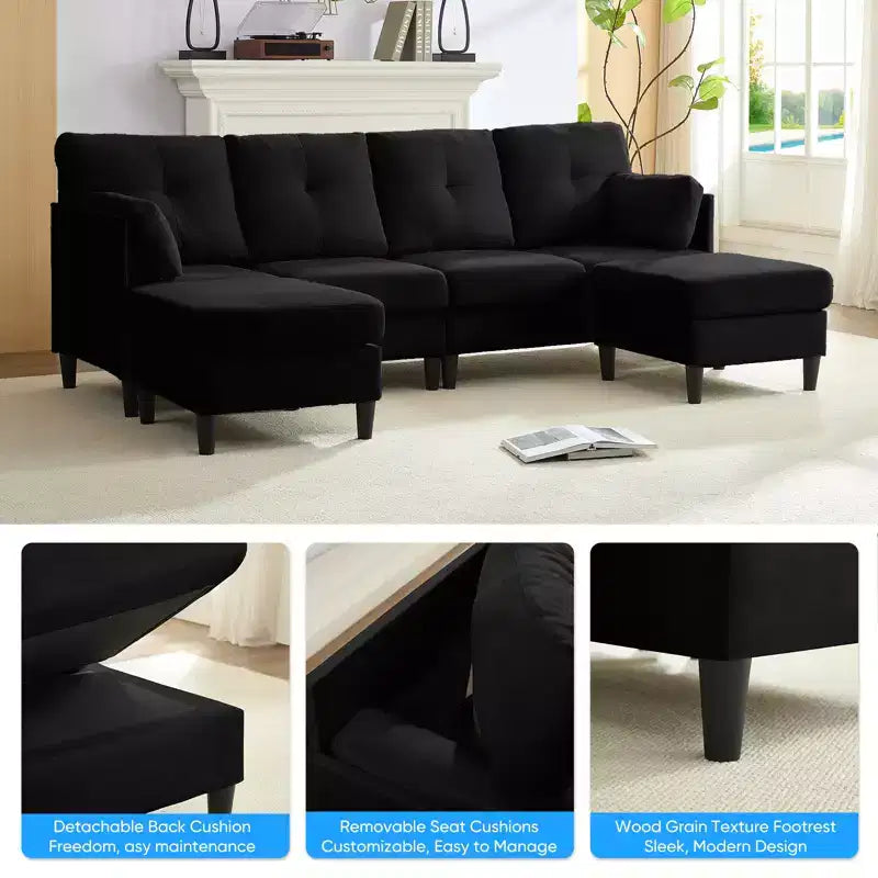 Canapé d'angle modulable et convertible, canapé 4 places rembourré en tissu confortable avec poufs amovibles