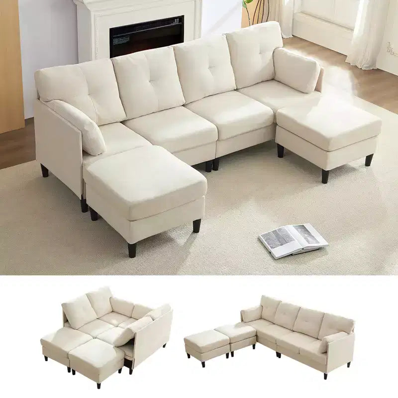 Canapé d'angle modulable et convertible, canapé 4 places rembourré en tissu confortable avec poufs amovibles