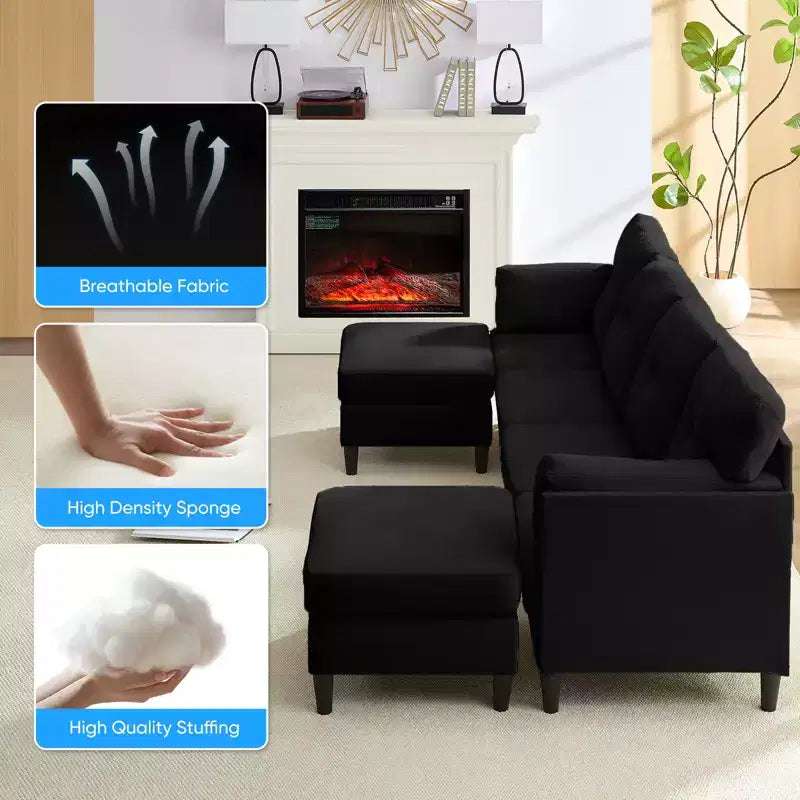 Canapé d'angle modulable et convertible, canapé 4 places rembourré en tissu confortable avec poufs amovibles