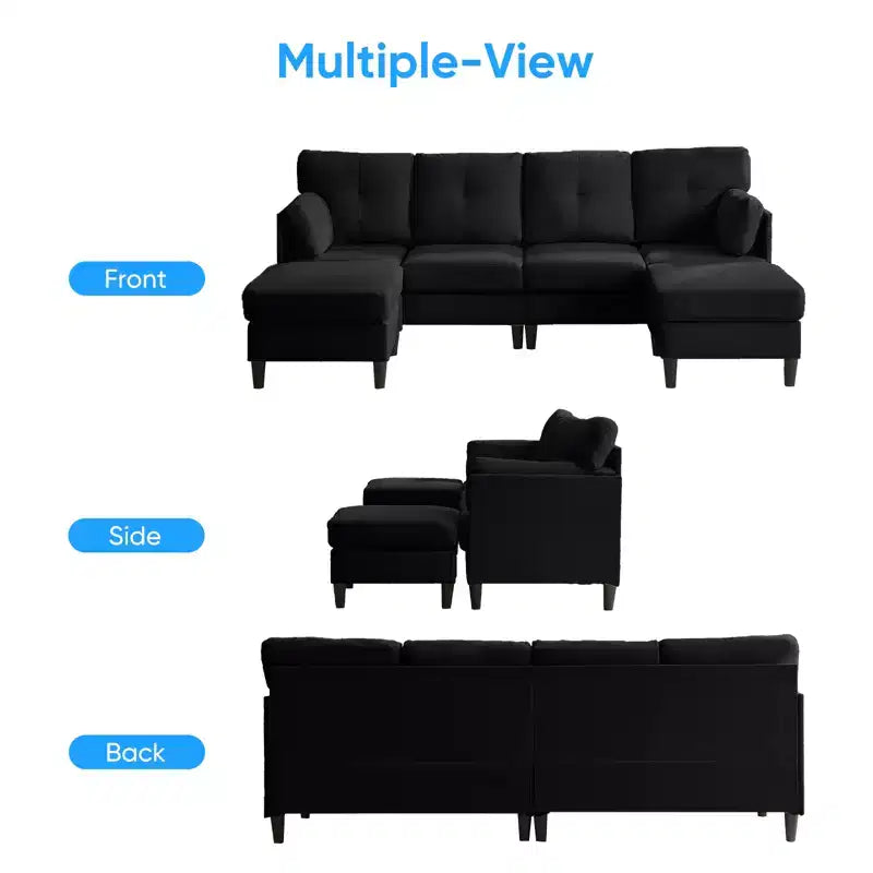 Canapé d'angle modulable et convertible, canapé 4 places rembourré en tissu confortable avec poufs amovibles