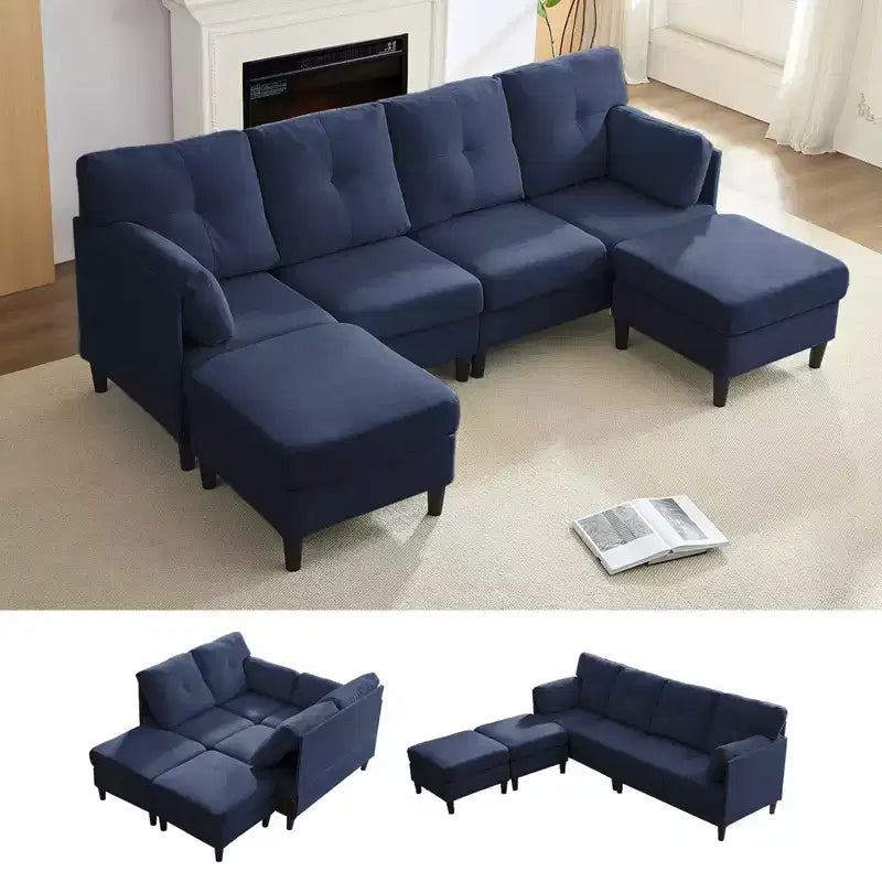 Canapé d'angle modulable et convertible, canapé 4 places rembourré en tissu confortable avec poufs amovibles