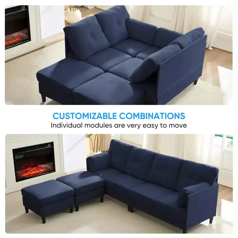 Canapé d'angle modulable et convertible, canapé 4 places rembourré en tissu confortable avec poufs amovibles