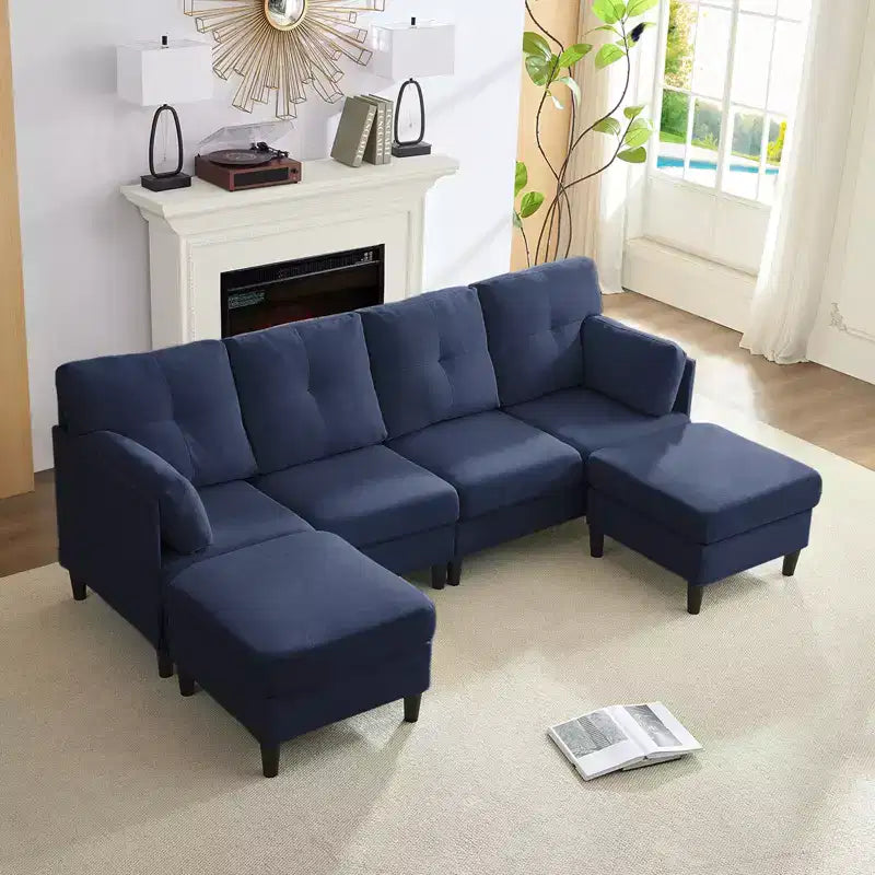 Canapé d'angle modulable et convertible, canapé 4 places rembourré en tissu confortable avec poufs amovibles