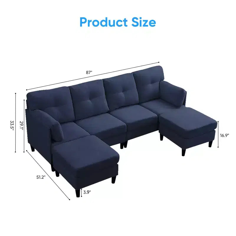 Canapé d'angle modulable et convertible, canapé 4 places rembourré en tissu confortable avec poufs amovibles