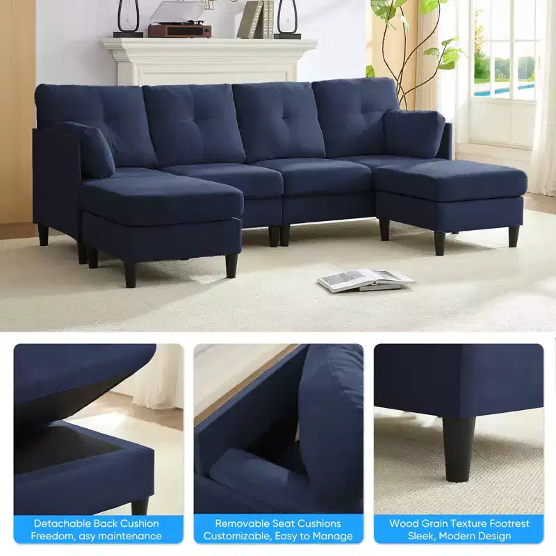 Canapé d'angle modulable et convertible, canapé 4 places rembourré en tissu confortable avec poufs amovibles