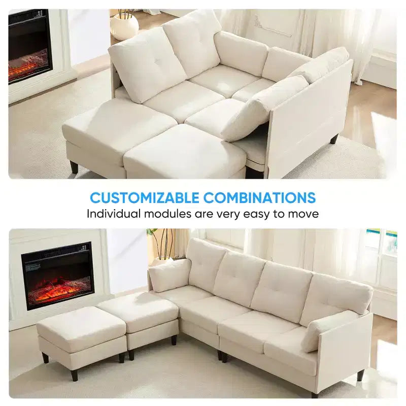 Canapé d'angle modulable et convertible, canapé 4 places rembourré en tissu confortable avec poufs amovibles
