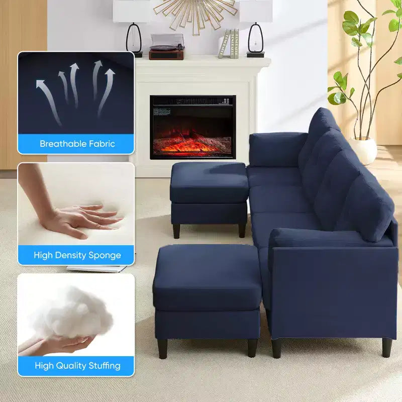 Canapé d'angle modulable et convertible, canapé 4 places rembourré en tissu confortable avec poufs amovibles