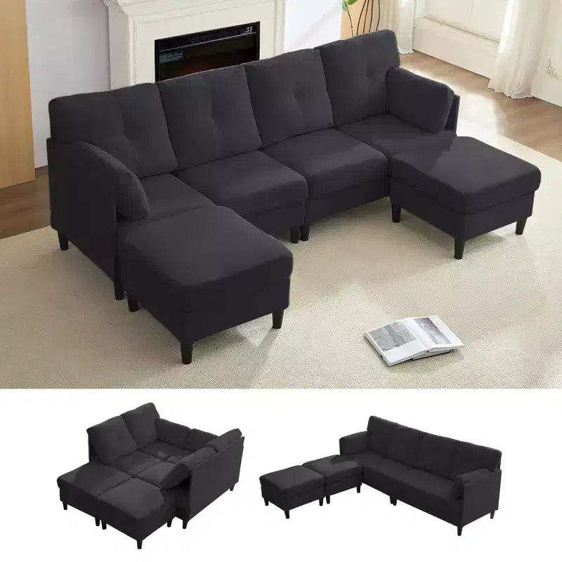 Canapé d'angle modulable et convertible, canapé 4 places rembourré en tissu confortable avec poufs amovibles