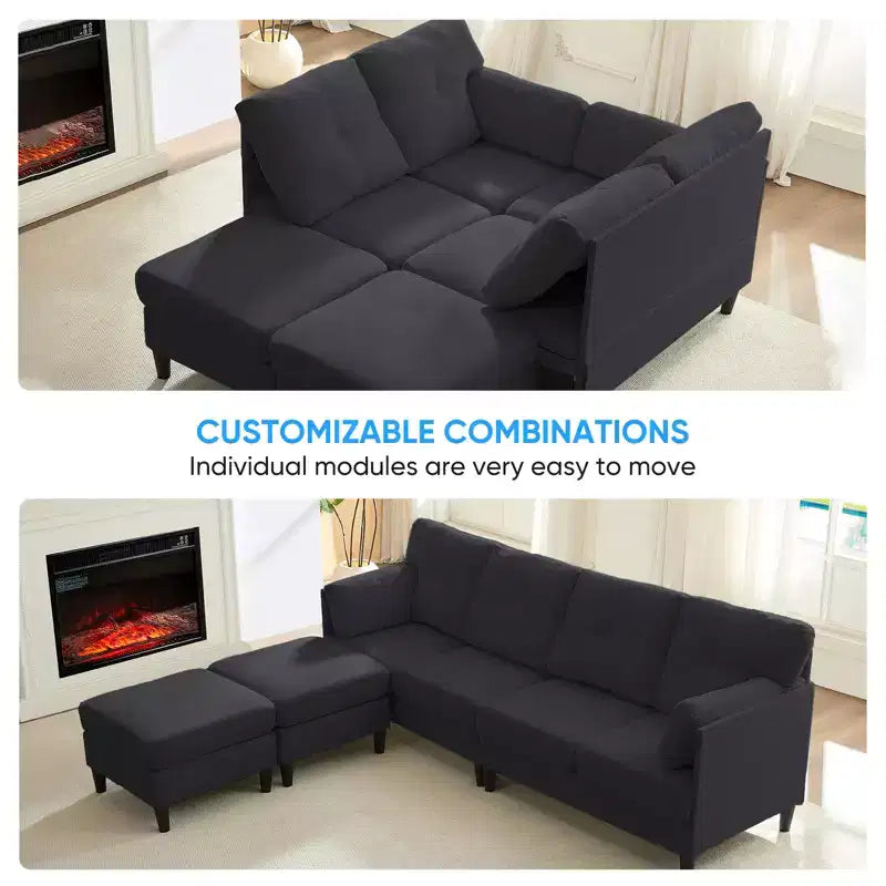 Canapé d'angle modulable et convertible, canapé 4 places rembourré en tissu confortable avec poufs amovibles