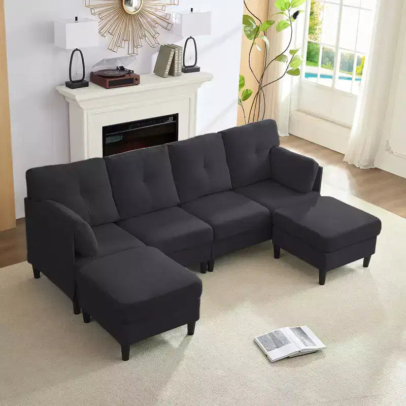 Canapé d'angle modulable et convertible, canapé 4 places rembourré en tissu confortable avec poufs amovibles