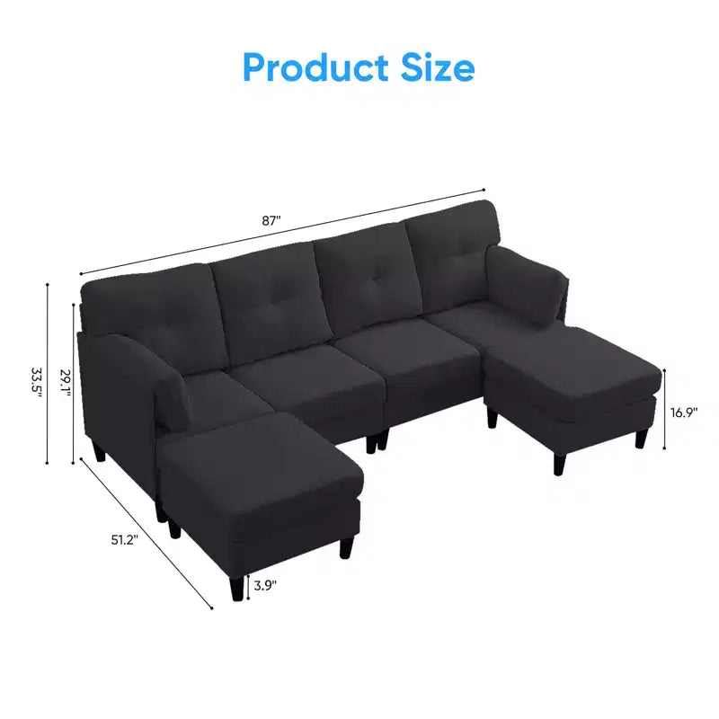 Canapé d'angle modulable et convertible, canapé 4 places rembourré en tissu confortable avec poufs amovibles