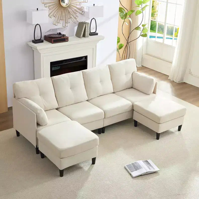 Canapé d'angle modulable et convertible, canapé 4 places rembourré en tissu confortable avec poufs amovibles