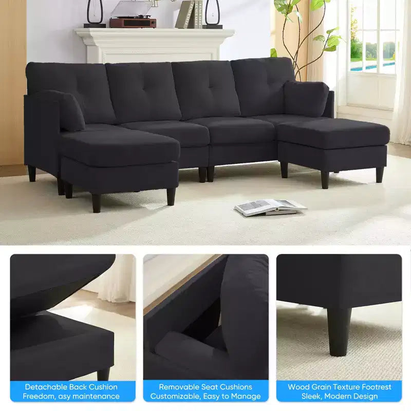 Canapé d'angle modulable et convertible, canapé 4 places rembourré en tissu confortable avec poufs amovibles