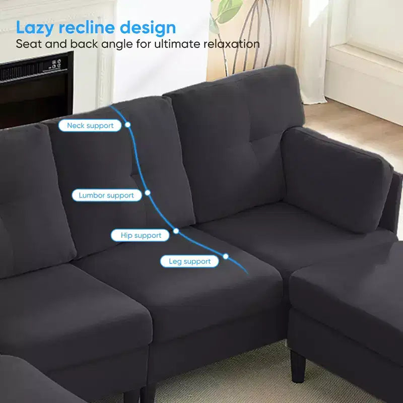 Canapé d'angle modulable et convertible, canapé 4 places rembourré en tissu confortable avec poufs amovibles