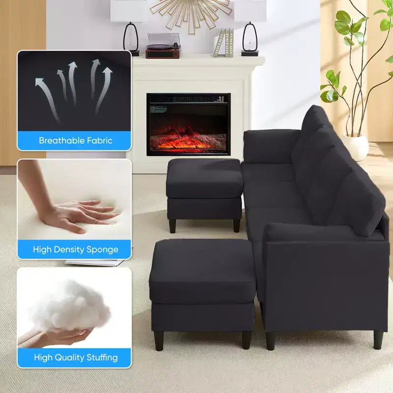 Canapé d'angle modulable et convertible, canapé 4 places rembourré en tissu confortable avec poufs amovibles