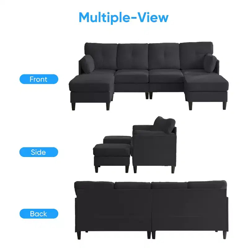 Canapé d'angle modulable et convertible, canapé 4 places rembourré en tissu confortable avec poufs amovibles