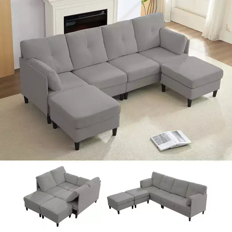 Canapé d'angle modulable et convertible, canapé 4 places rembourré en tissu confortable avec poufs amovibles