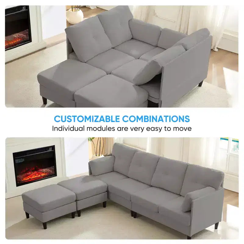 Canapé d'angle modulable et convertible, canapé 4 places rembourré en tissu confortable avec poufs amovibles