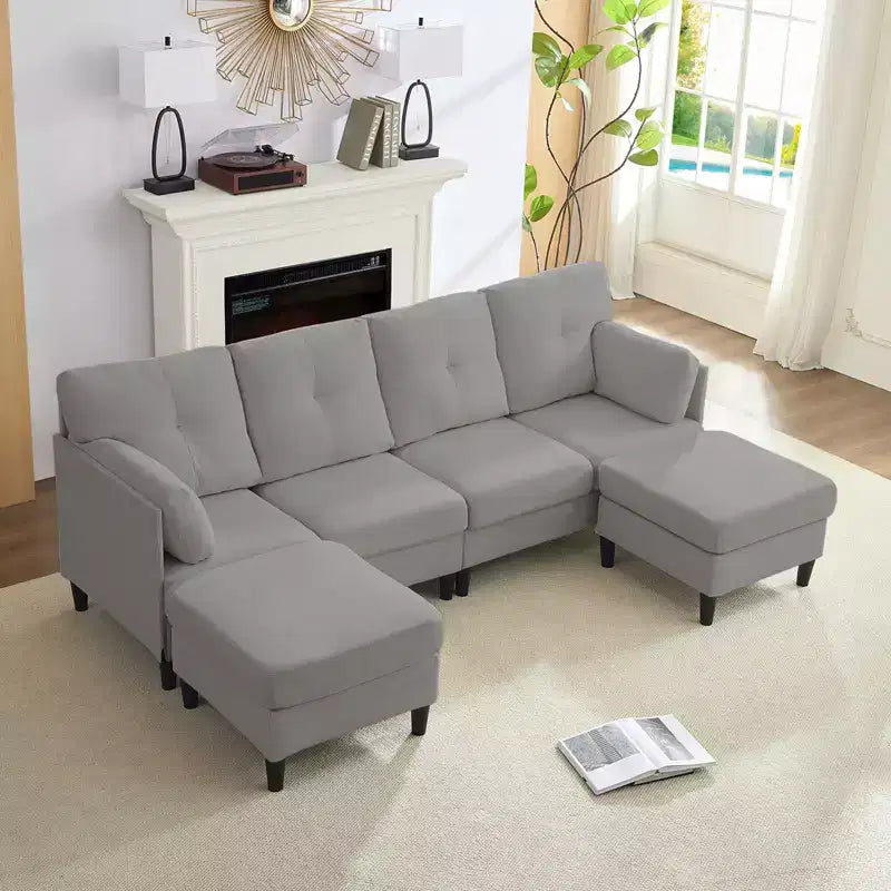 Canapé d'angle modulable et convertible, canapé 4 places rembourré en tissu confortable avec poufs amovibles