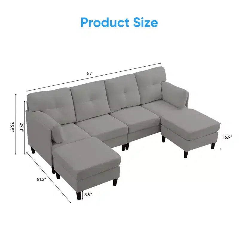 Canapé d'angle modulable et convertible, canapé 4 places rembourré en tissu confortable avec poufs amovibles