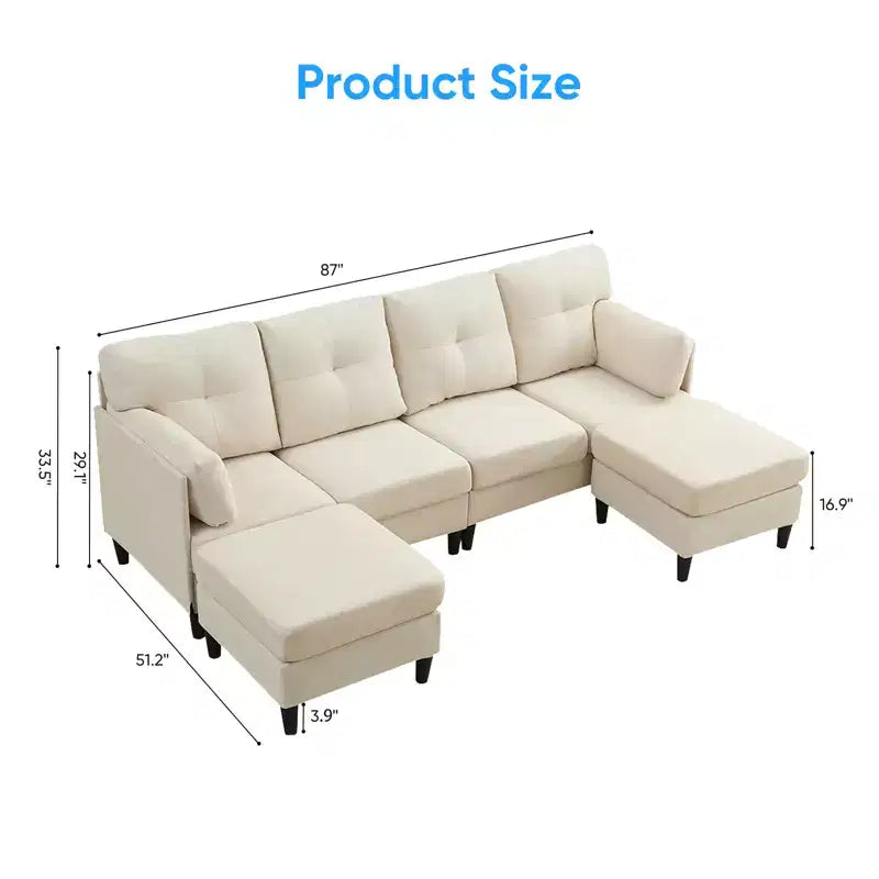 Canapé d'angle modulable et convertible, canapé 4 places rembourré en tissu confortable avec poufs amovibles