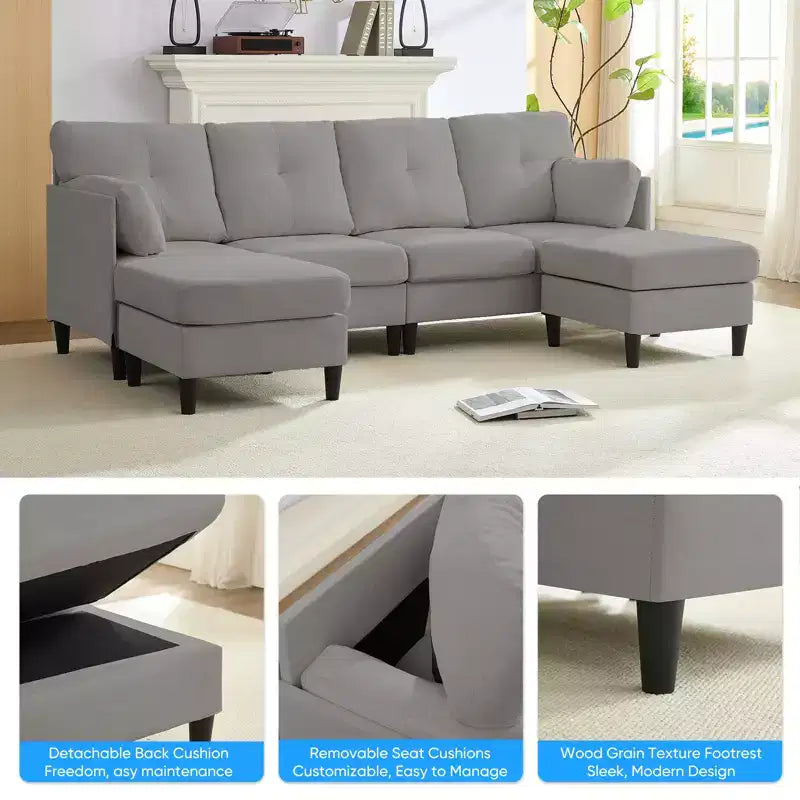 Canapé d'angle modulable et convertible, canapé 4 places rembourré en tissu confortable avec poufs amovibles
